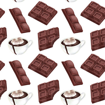 Seamless pattern of hot chocolate with marshmallow and chocolate bar, illustration on white background