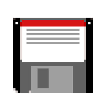 Pixel art, isolated: a retro vintage floppy disk (an obsolete memory storage unit).
