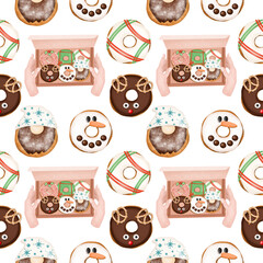 Seamless pattern of watercolor colored glazed Christmas donuts, hand drawn illustration on white background