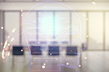 Double exposure of creative human head microcircuit hologram on a modern boardroom background....