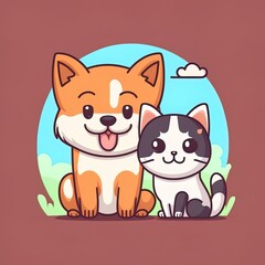 Cute Dog And Cat Playing Cartoon 2d illustrated Icon Illustration. Animal Nature Icon Concept Isolated Premium 2d illustrated. Flat Cartoon Style