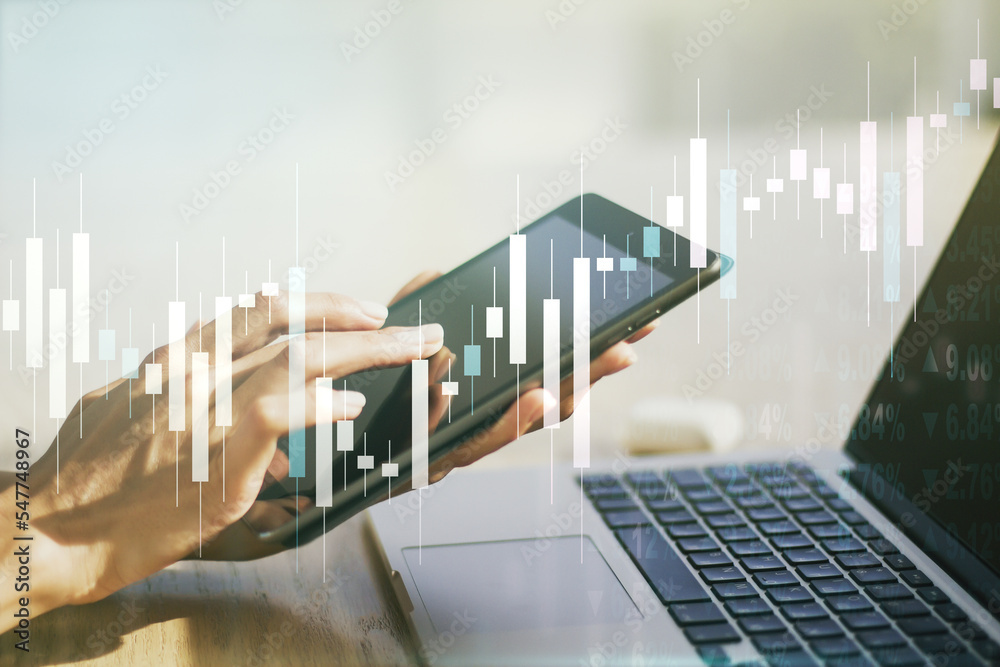Poster multi exposure of abstract financial graph and hand working with a digital tablet on background, fin