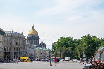Saint-Petersburg, Russia. - August 11, 2021. View of magnificent St. Isaac's Cathedral from Palace Square in historic center of city.