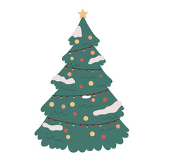 Christmas tree isolated. Decorated pine tree with garlands and bulbs. Flat vector illustration.