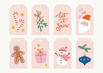 Set Of Cute Printable Christmas Gift Tags. Hand Drawn Simple Style Vector Illustrations On A Pink Background. Holiday Season Designs and Handwritten Calligraphy.