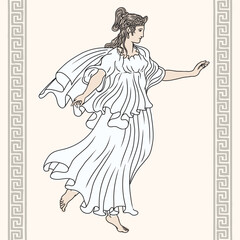 An ancient Greek woman in a tunic with bare feet stands, dances and gesticulates. Figure on a beige background with meander
