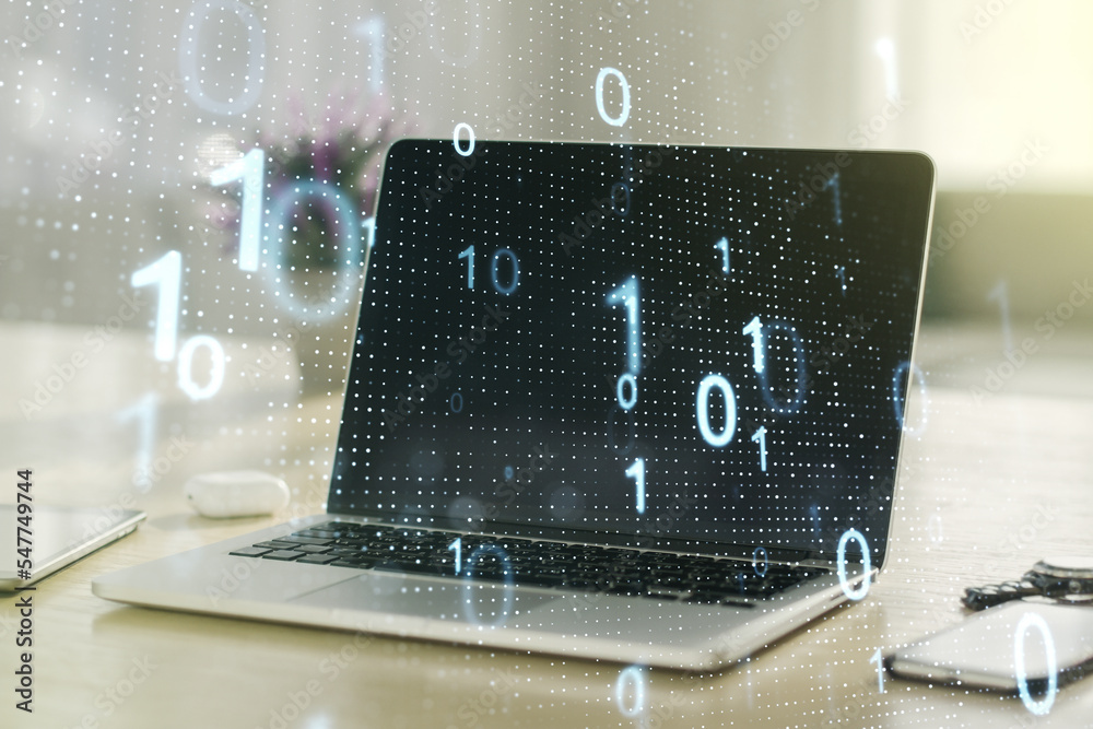 Aufkleber creative abstract binary code sketch on modern laptop background, hacking and matrix concept. multie