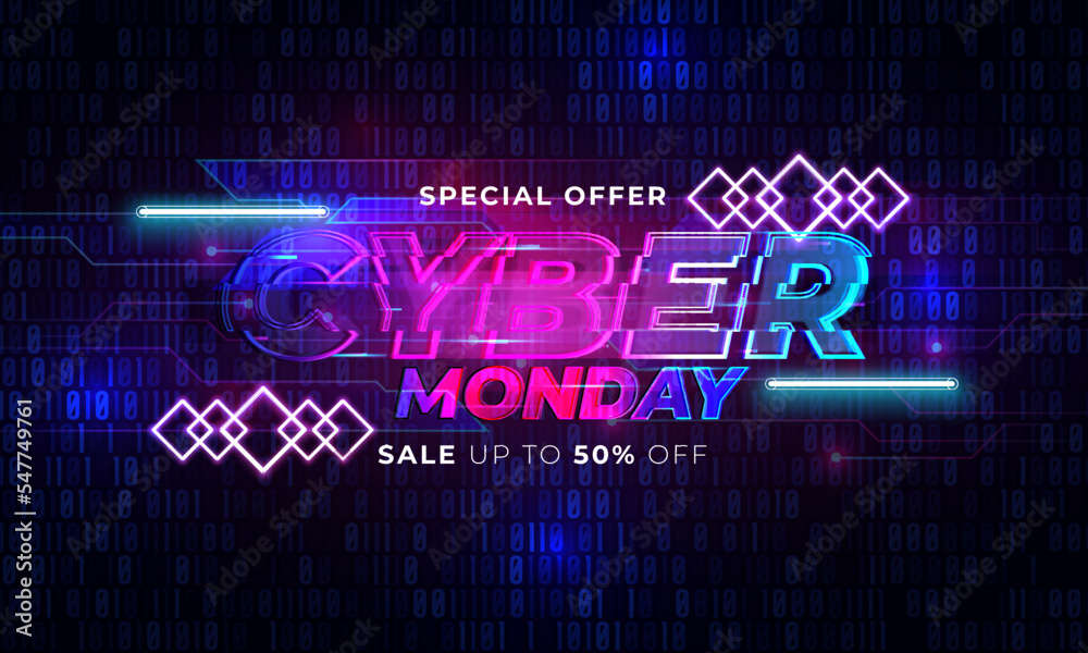 Wall mural Cyber Monday concept banner in fashionable neon style, luminous signboard, nightly advertising advertisement of sales rebates of cyber Monday. Vector illustration for your projects.