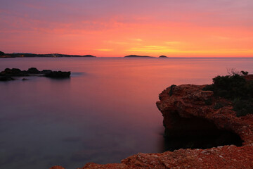 Sunrise at Bombay Beach, Santa Eulalia, Ibiza, Balearic Islands, Spain, Europe.