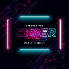 Cyber Monday concept banner in fashionable neon style, luminous signboard, nightly advertising advertisement of sales rebates of cyber Monday. Vector illustration for your projects.