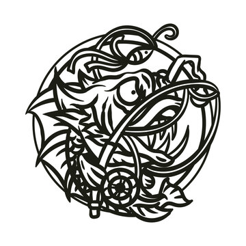 Angry fish line art vector illustration