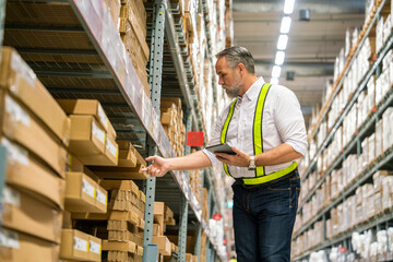Senior boss man in white shirt wearing reflective uniform standing holding counting tablet on furniture shelf to deliver to customer in wholesale store warehouse