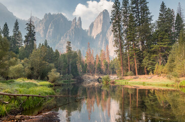 view of Cathedral Spires and Rocks from Merced riverbank, Yosemite National Park, California, US
