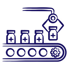 Pharmaceutical manufacturing robotic equipment, drug vial conveyor. Simple outline vector blue icon drawn with brush isolated on transparent background