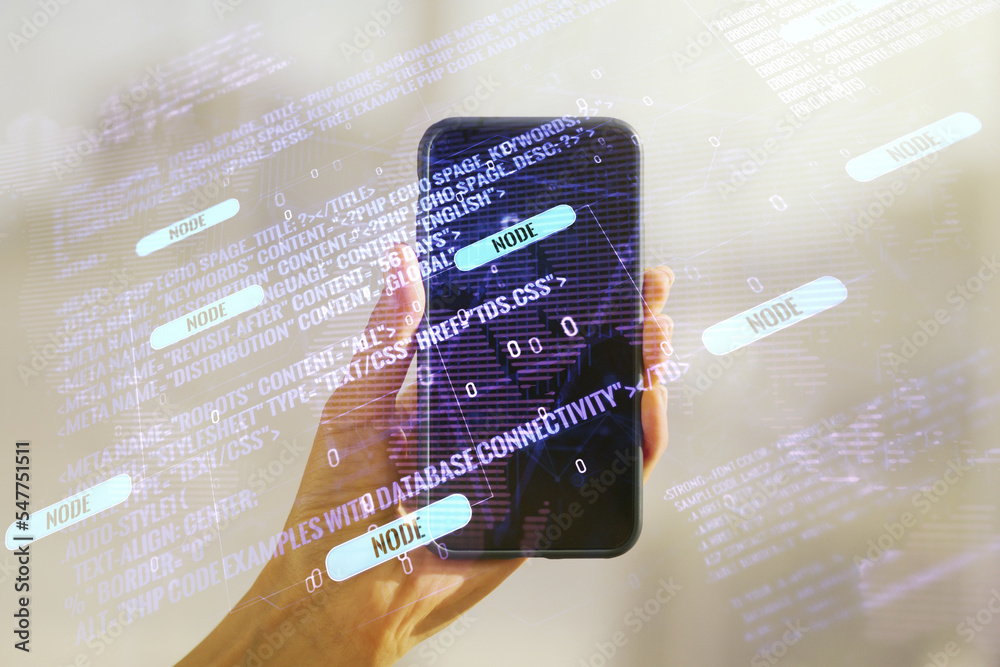 Poster multi exposure of abstract programming language hologram with world map and hand with cellphone on b
