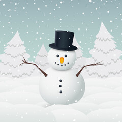 Cute snowman. Merry Christmas and Happy New Year greeting card. Vector background