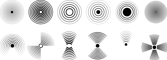 Signal sonar detection, monitor pulse symbol. Waves signals black icons, spiker sound or radar. Frequency noise, digital scan vector elements - obrazy, fototapety, plakaty