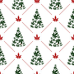 Christmas tree with cannabis leaves seamless  pattern