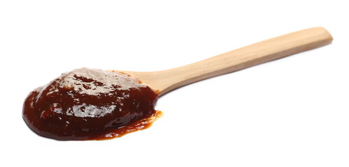  Sauce barbecue in wooden spoon isolated on white