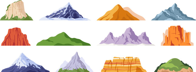 Mountain peaks isolated flat design. Cliff relief, mountains silhouette with snowy peak. Landscape green hill and rock, racy hiking travel nature vector set - obrazy, fototapety, plakaty