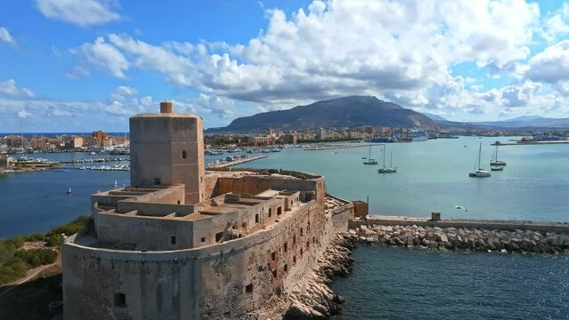 Medieval Colombian castle also called Sea Castle facing the port of Trapani, Sicily