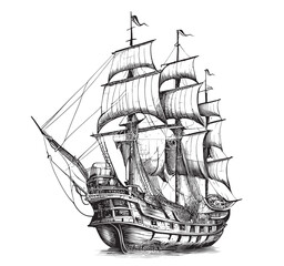 Pirate ship hand drawn sketch Vector illustration © BigJoy