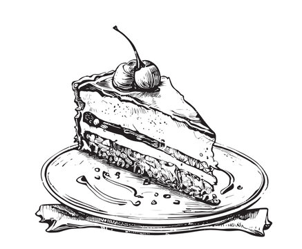 Piece of cake on a plate hand drawn sketch Vector illustration