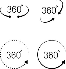 360 degrees vector icon set. Round signs with arrows rotation to 360 degrees. Rotate symbol isolated on transparent background. Vector illustration.