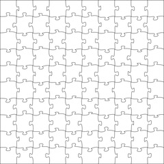 Puzzles grid template. Jigsaw puzzle pieces, thinking game and  jigsaws detail frame design. Business assemble metaphor or puzzles game challenge vector.