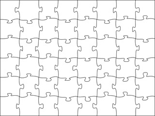 Puzzles grid template. 48 Jigsaw puzzle pieces, thinking game and  jigsaws detail frame design. Business assemble metaphor or puzzles game challenge vector.