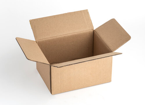 Kraft cardboard open box isolated on white background. Box mockup design.