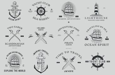 Lots of pirate vintage logotypes, for your emblem, stickers, decals, patches. Sweatshirts for T-shirts, clothes. Ships, anchors, knives, daggers, lighthouse, helm.