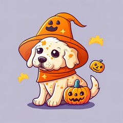 Fototapeta premium Halloween 2d illustrated cute cartoon dogs illustrations. Dogs in Halloween costumes, stars, hats, sweets, ghost, pumpkin. Pet Pup Dog Costume