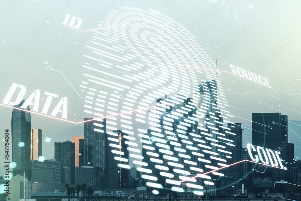 Poster Multi exposure of virtual fingerprint scan interface on Los Angeles office buildings background, digital access concept