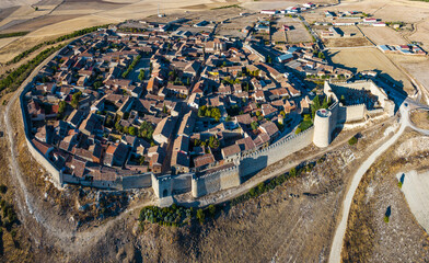 Aerial view of the Spanish medieval town of Urue&ntilde;a in Valladolid, with its famous walls in the foreground.