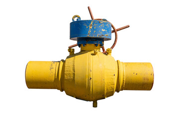 Large yellow gas cock valve close-up as a teaching aid isolated on a white transparent background.