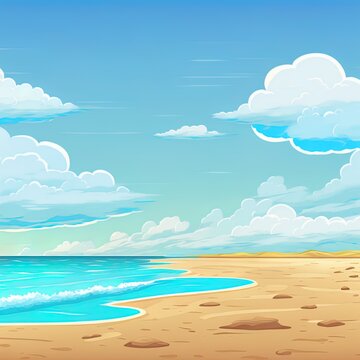 Sea beach landscape. Cartoon summer sunny day, ocean view horizontal panorama, water sand and clouds. 2d illustrated illustration beach vacation background
