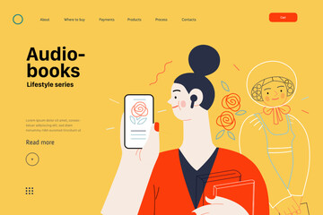 Lifestyle web template -Audiobooks -modern flat vector illustration of a woman listening an audiobook with buds in the tablet application, Victorian Era literary character. People activities concept - obrazy, fototapety, plakaty