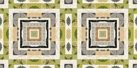Forest green decorative damask seamless border. Geometric kaleidoscope linen for wallpaper washi tape. Printed fabric of optic trendy vintage design. 