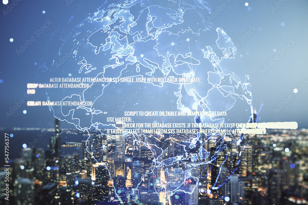 Poster multi exposure of abstract creative coding sketch and world map on chicago city skyline background, 