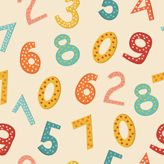 A fun seamless pattern with numbers. Multi-colored numbers in the style of candy. Vector illustration for children.