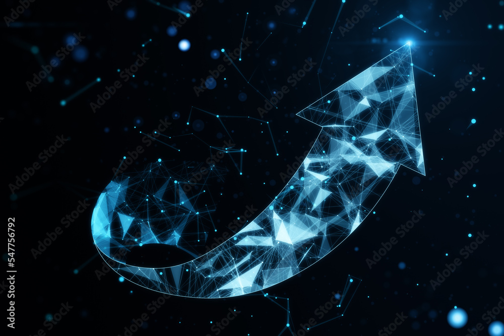 Poster Development progress and business success concept with digital graphic arrow upwards consisting of crystal lines on dark universe background. 3D rendering
