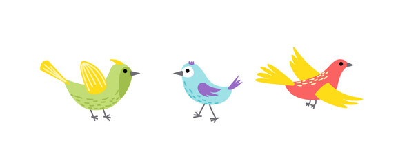 Bird colorful set. Flying bird. Little bird, nestling, chick. Spring, easter. Flat, cartoon, isolated 