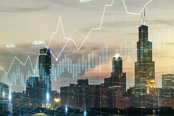 Multi exposure of virtual creative financial chart hologram on Chicago skyscrapers background,...