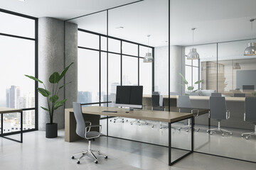 Naklejka na ściany i meble Clean wooden, concrete and glass coworking office interior with furniture, equipment, window and city view. Law, legal and commercial workplace concept. 3D Rendering.