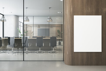 concrete and glass coworking office interior with blank white mock up banner on wall, furniture, equipment, window and city view. Law, legal and commercial workplace concept. 3D Rendering.