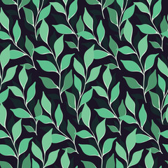 Seamless pattern, elegant botanical print with large hand drawn leaves on a dark background. Abstract arrangement from painted foliage, decorative art with green leaves. Vector illustration.