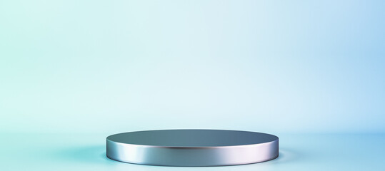 Wide blue studio with geometric shapes, podium on the floor. Platforms for product presentation, mock up background. Abstract composition in minimal design. 3D Rendering.