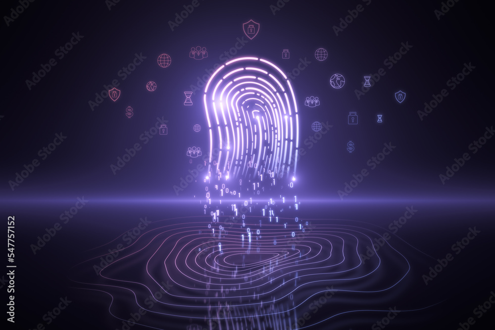 Poster glowing fingerprint hologram on blurry dark background. identification and crime concept. 3d renderi