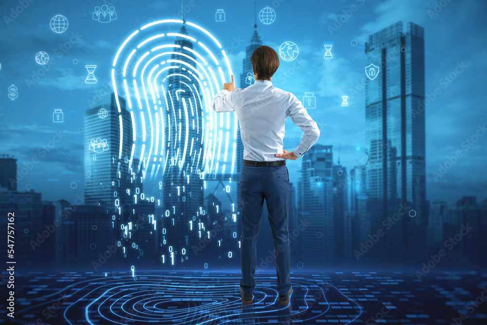 Poster back view of businessman using abstract glowing fingerprint hologram on blurry city background. iden
